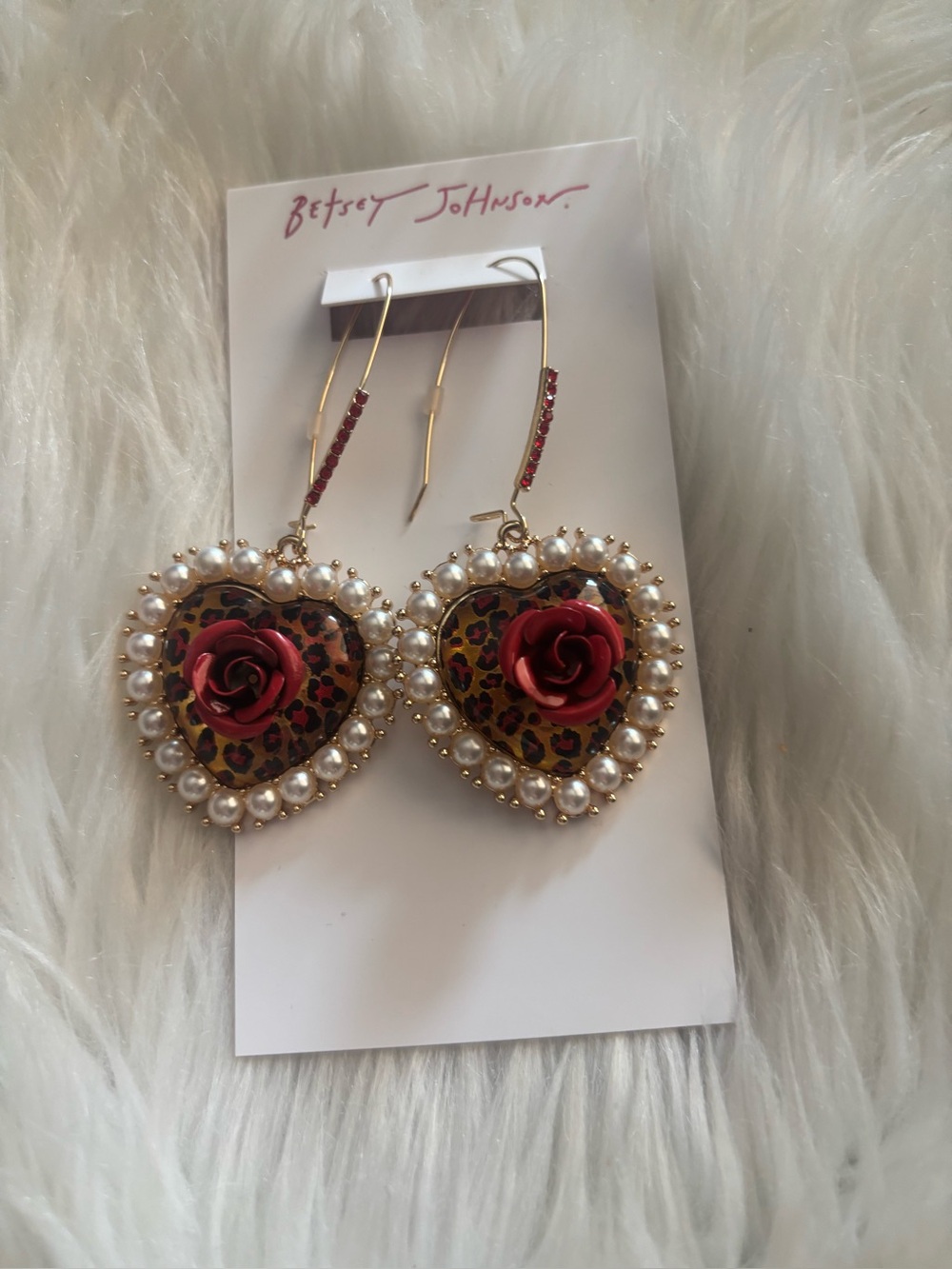 Betsey Johnson Gold Heart Earrings with Red Roses and Pearls
